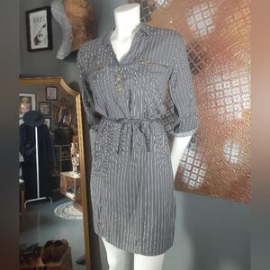 Impress 100% Rayon Striped Gray Shirt Dress